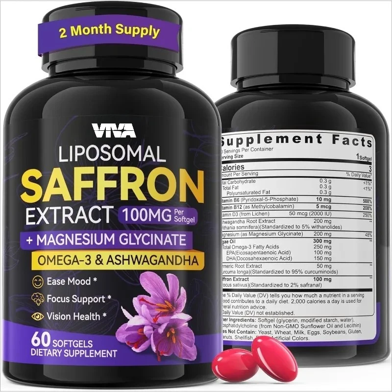 Liposomal saffron supplements contain magnesium glycinate Omega-3、 Turmeric, vitamin B6, B12, D3-60 capsules.