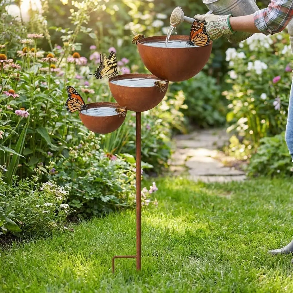 Vintage Iron 3-Tier Metal Bird Bath Rusted Ground Stakes Garden Rain Catcher Handmade Three-layer Bowl Bird Water Dispenser