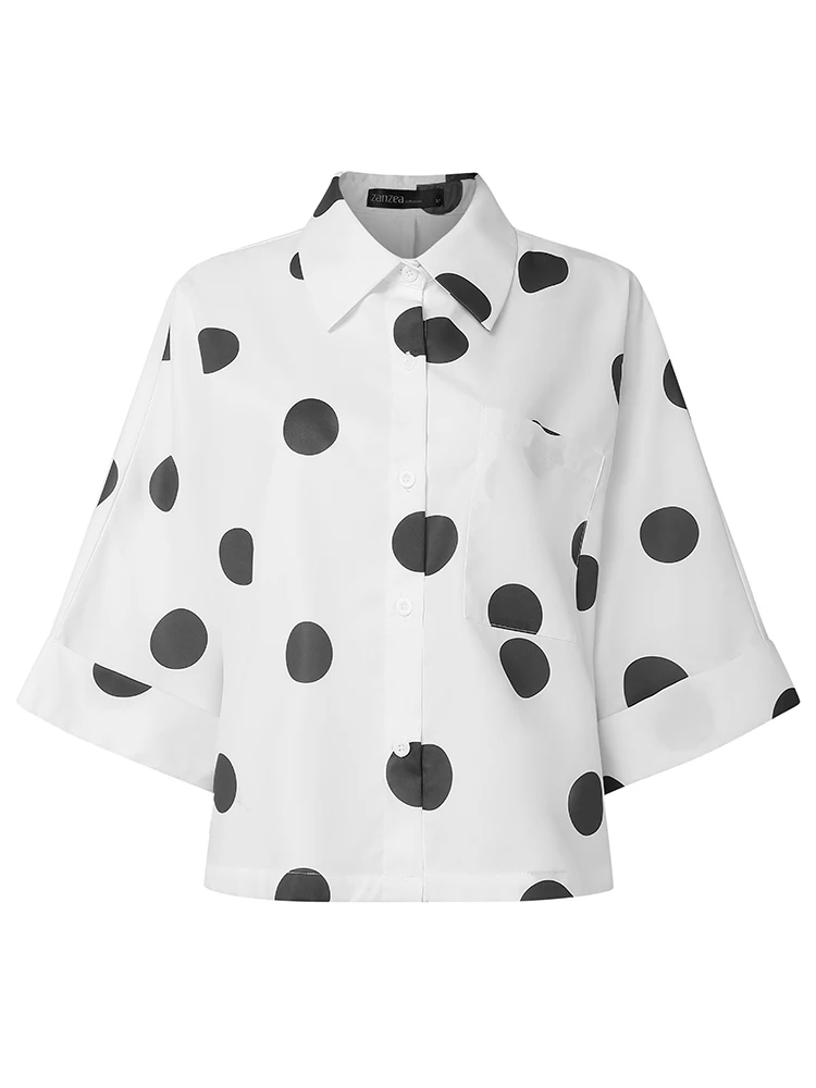 ZANZEA Auutmn Polka Dots Printed Women Shirts Lapel Neck 3/4 Sleeve Work Blouse Summer Tops Elegant Casual Holiday Tops Femme view 4