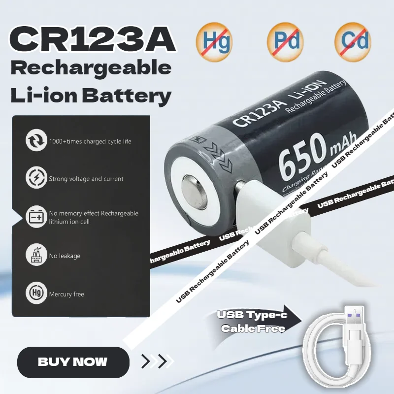 

CR123A Rechargeable Battery 16340 3.7V 650mAh USB-C Rechargeable Li-ion Battery for Canon EOS 7D 30D Olympus U1 U2 Fujifilm etc