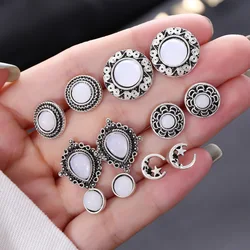 6 pairs/lot Vintage Women's Stud Earrings Set Antique Silver Color Round Rhinestone Retro Party Ear Jewelry aretes de mujer