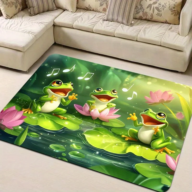 Machine Washable Polyester Frogs Singing Cartoon Design Area Rug - Non-Slip Rectangle Doormat for Living Room, Bedroom