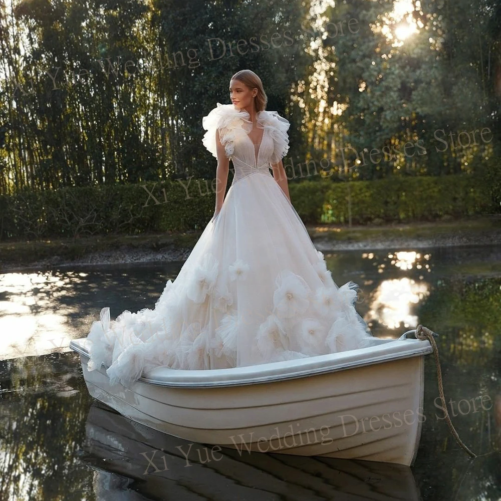 Vestidos De Novia con flores elegantes, Vestidos De Novia con espalda descubierta, línea A, cuello en V profundo, Princesa De lujo, encaje