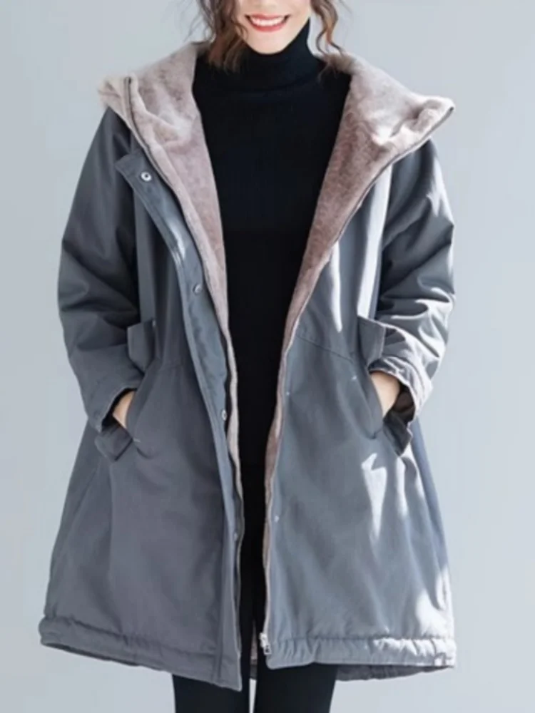 Vefadisa-parka de manga larga con capucha para mujer, abrigo de lana gruesa de longitud media, color gris, para otoño e invierno, ZXY1095A, novedad de 2024