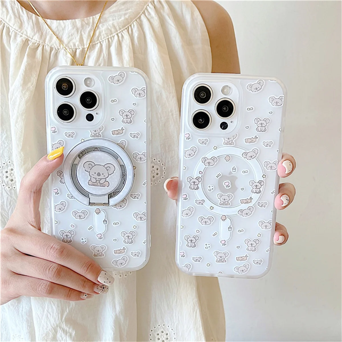 

Fashion Cute Cartoon Koala Magnetic Phone Case For iPhone 16 Pro 15 14 13 Pro Max Cover with Holder Cases For Magsafe