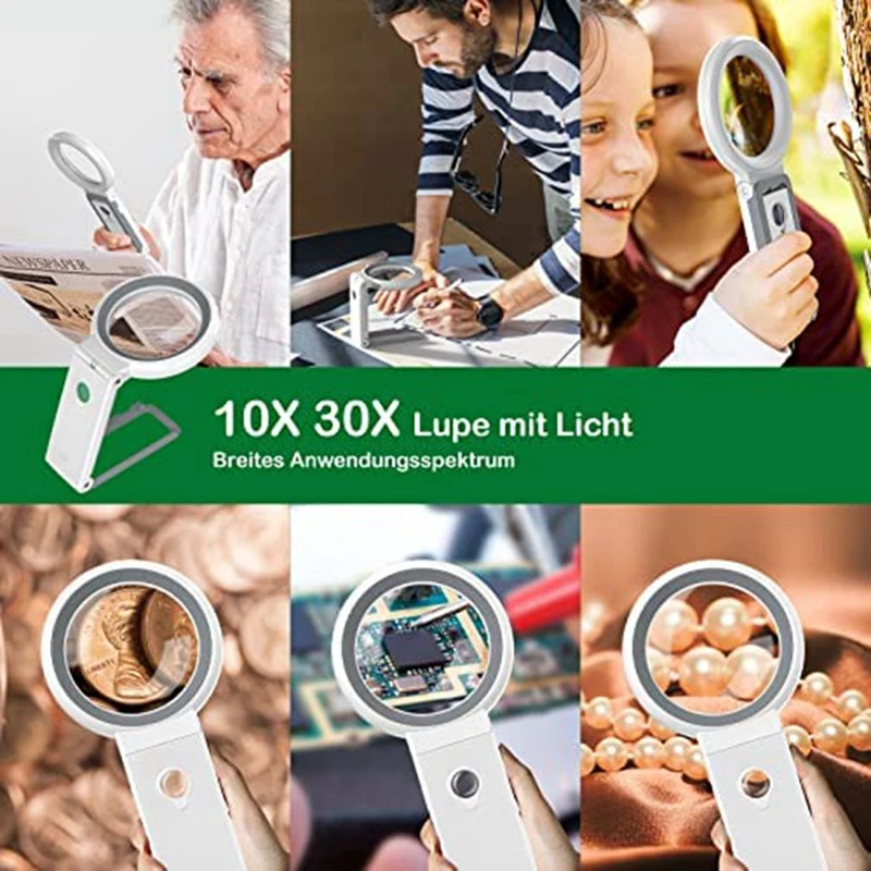 6X Magnifying Glass With Light - Rechargeable Folding Handheld Reader With 3 Color Modes