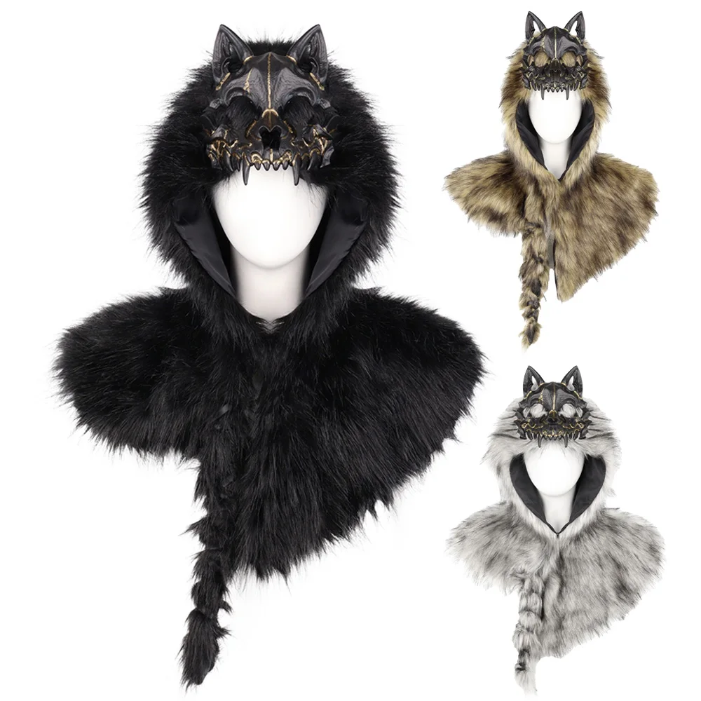 Warrior Skull Hooded Shoulder Wrap Wolf Costume Cosplay Werewolf Beast Skull Cape Scarf Halloween Carnival Party Costumes Props