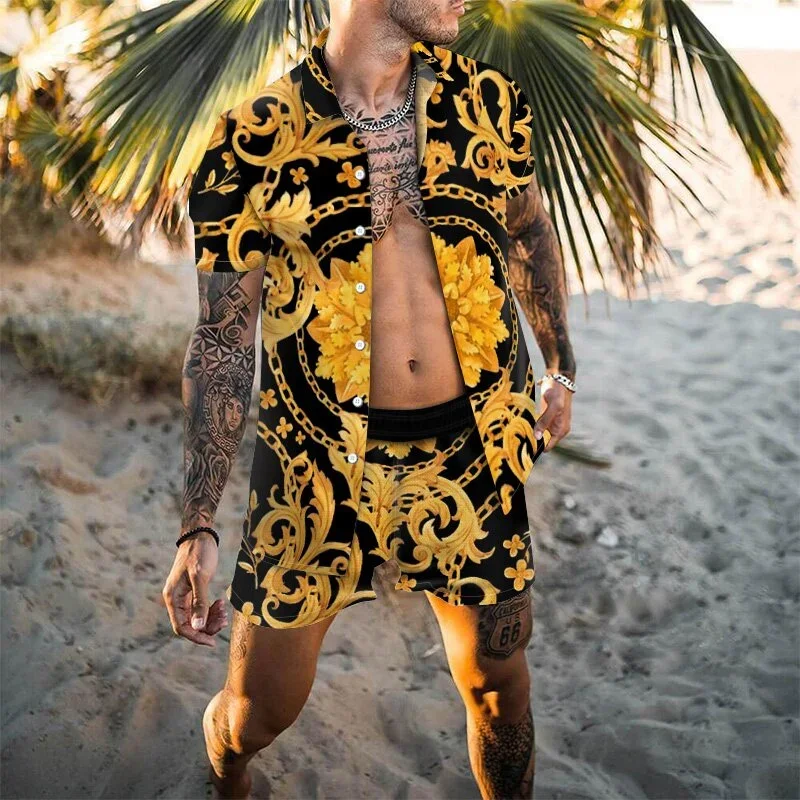 Men Hawaiian 2Pcs Sets Summer 3D Printing Short Sleeve Shirt Beach Button Shorts Streetwear Shirt Holiday Men's Two Piece Suit