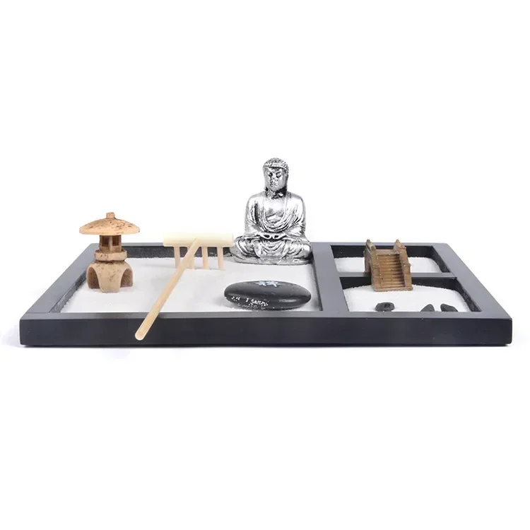 Feng Shui Buddha Statue Zen Garden Kit Premium Japanese Mini Rock Garden Meditation Decor Gift Set for Home Desk Living Room