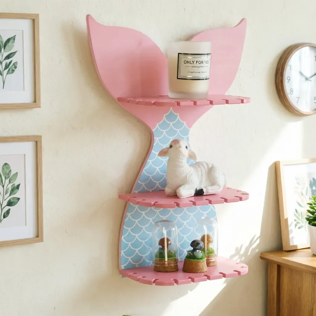 3 Tier Pink Gradient Mermaid Tail Wooden Floating Wall Shelf Space Saving Wall Storage For Teenage Girls Bedroom Home Decor