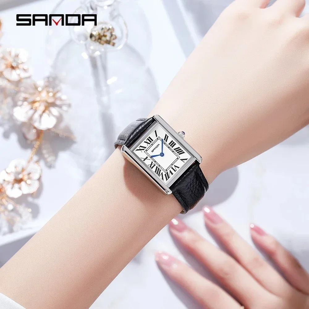 Sanda-Montres-bracelets rectangulaires pour femmes, boîtier en argent, montres pour dames, marque de luxe, bracelet en cuir, horloge à quartz, 1108