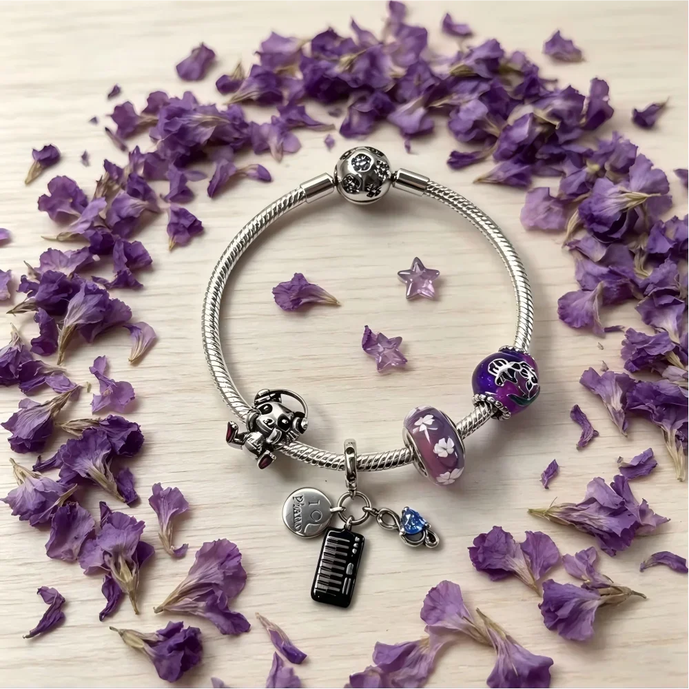 

Music Theme Bracelet 925 Silver Purple Drum Piano Pendant Bear Charms Murano Glass Beads DIY Fashion Jewelry Gift with Box