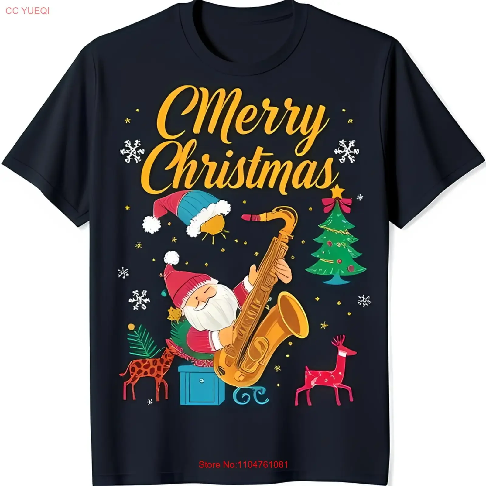 Santa Claus Playing Saxophone Christmas T Shirt with Tree Reindeer Snowman vintage Washed Versatile Comfortable graphic fashion