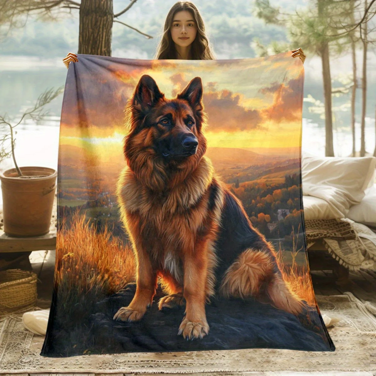 Sunset German Shepherd Flannel Throw Blanket, Rural Hills Dog Portrait Print Soft Warm Blanket for Sofa Bedroom Home Decor