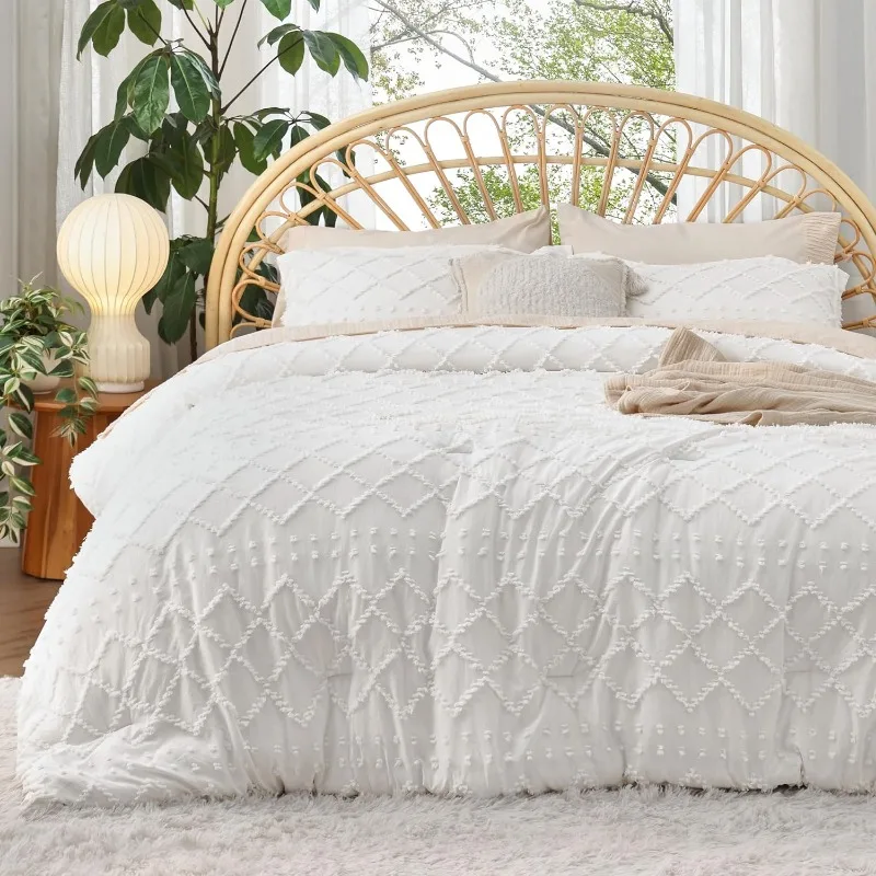 

Queen Comforter Set - White Comforter, Boho Tufted Shabby Chic Bedding Comforter Set, 3 pack Vintage Farmhouse Bed Set