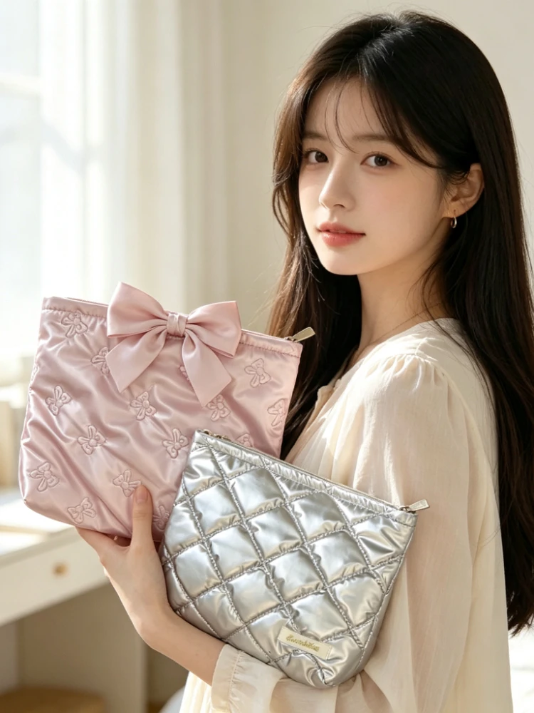 Kawaii Korean Quilted PU Heart Clutch Multi‑use Makeup Bag Skincare Coin Purse Portable Inner Storage Pouch for Daily Use