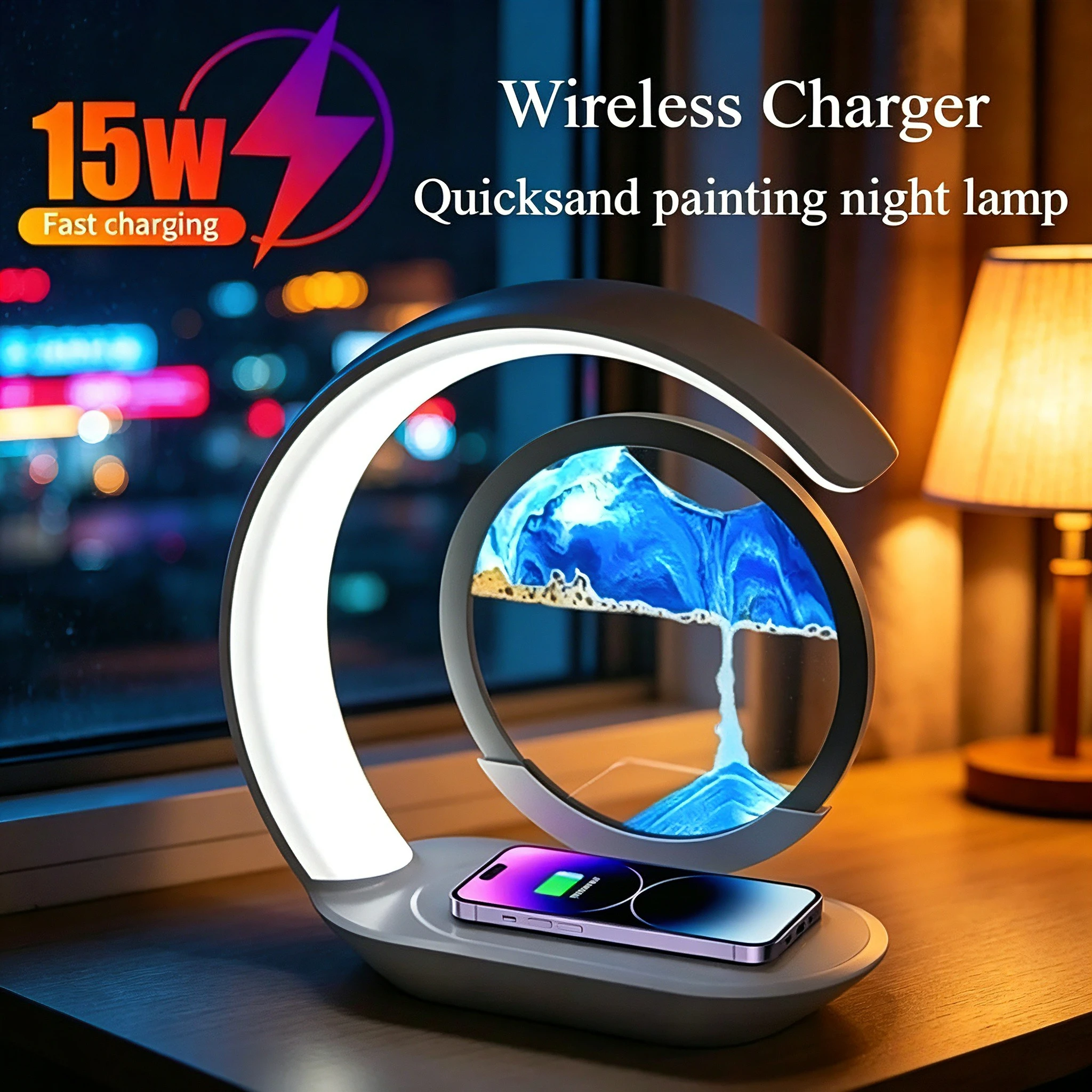 Quicksand Table Lamp Wireless Charging Desk Lamp 3D Hourglass Ornaments Sand Painting Night Light for Office Room Decoration