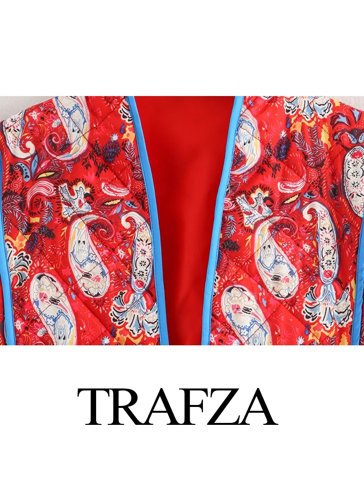 TRAFZA Women Winter New Fashion Retro V-Neck Red Printed Long Sleeve Cotton Jacket Female Elegant High Street Warm Short Jacket