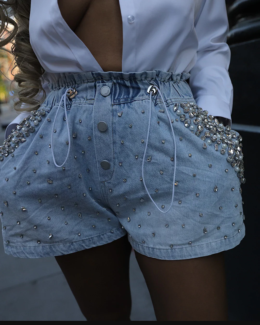 Summer fashion casual rhinestone high waist denim shorts wide leg shorts denim jeans shorts