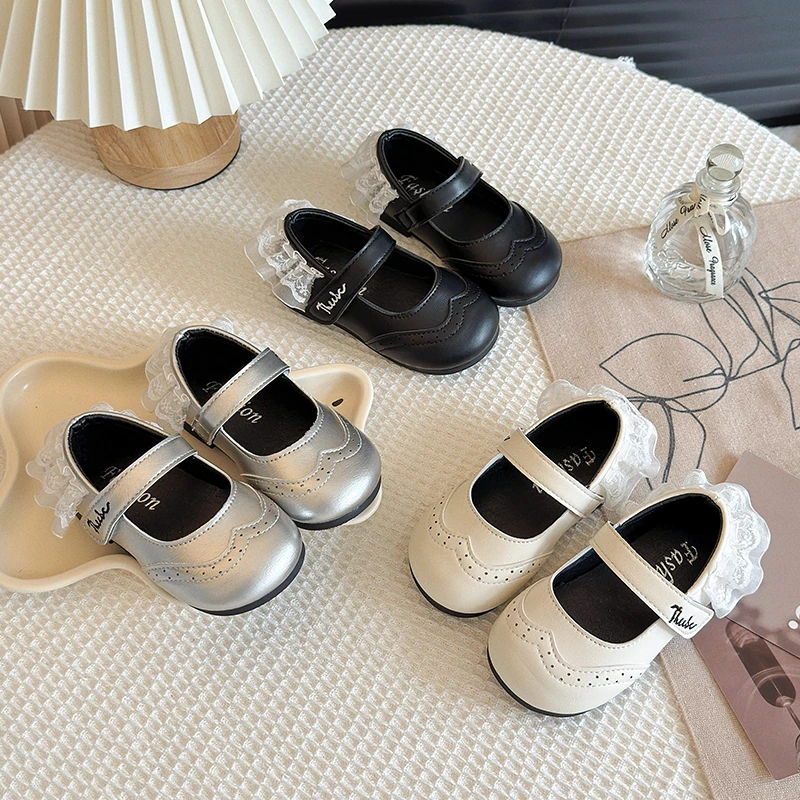 

Girls Leather Flats Princess Elegant Dress Shoe Girls Mary Jane Shoes Black Beige Silver Shoes Kids Soft Sole Ballet Flats 23-34