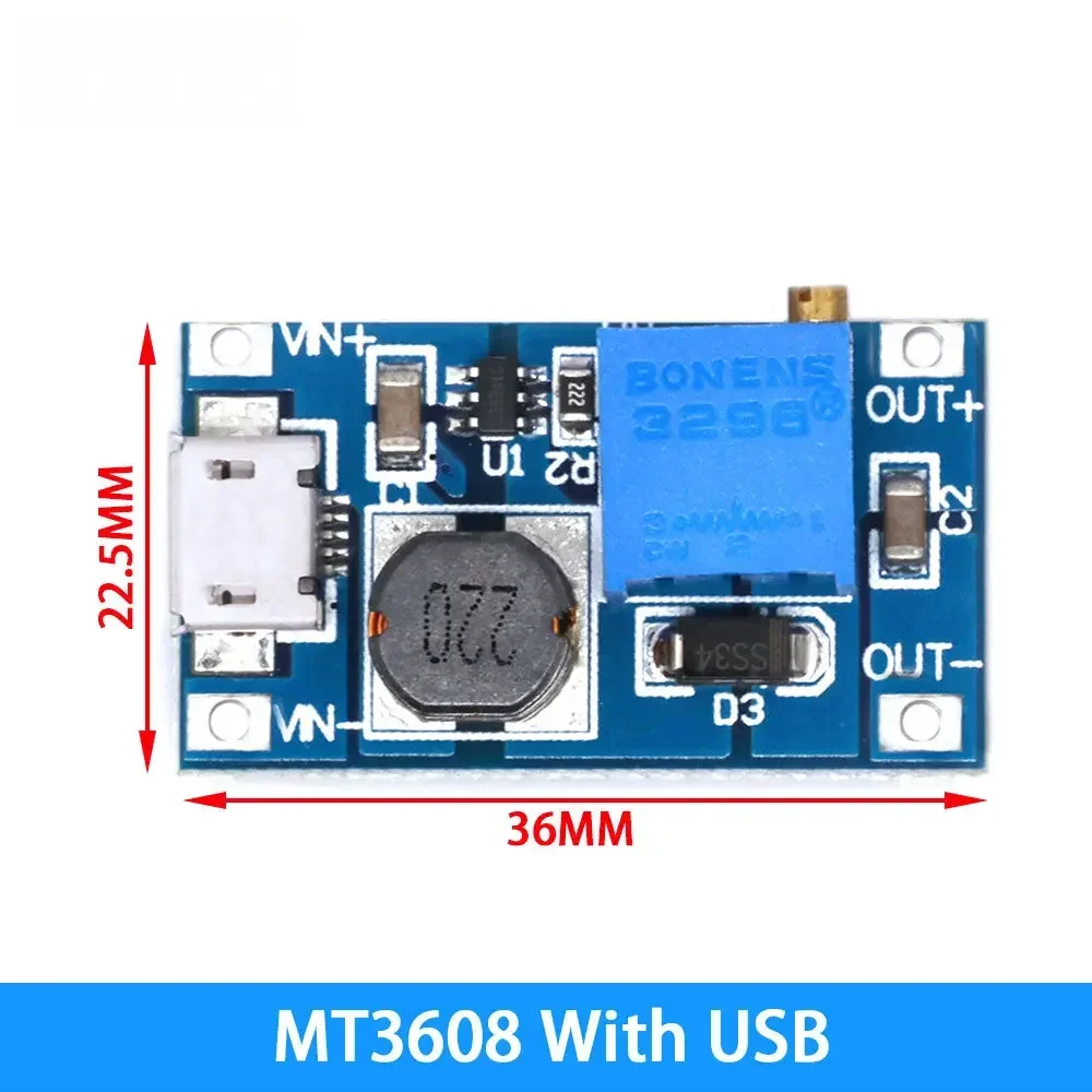 MT3608 DC-DC Adjustable Boost Module 2A Boost Plate Step Up Module Boost Step-up Board MAX output 28V 2A for arduino Micro