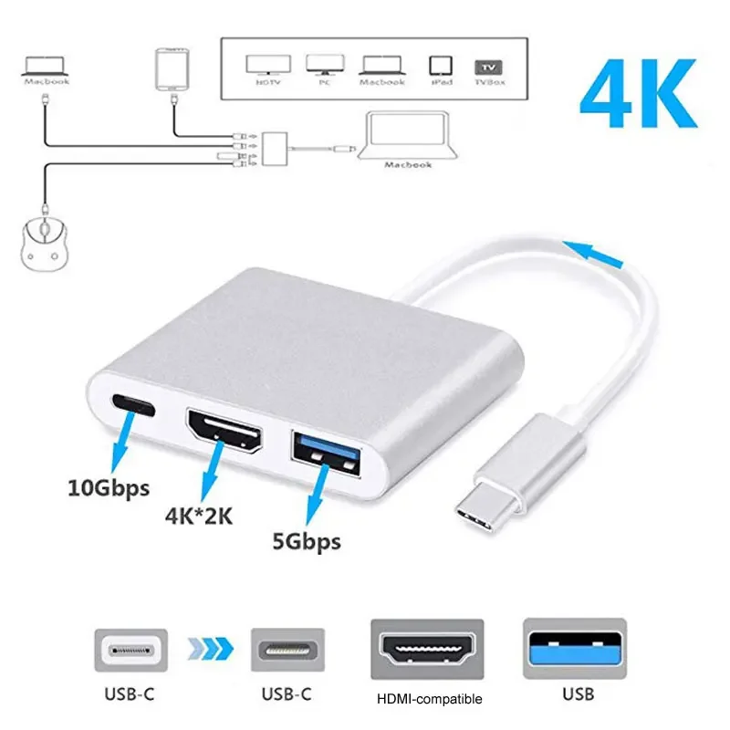 محول USB-C متوافق مع HDMI من النوع C إلى HD/USB 3.0/Type-C لأجهزة Macbook Pro Samsung S10 S9 Huawei P20 P30