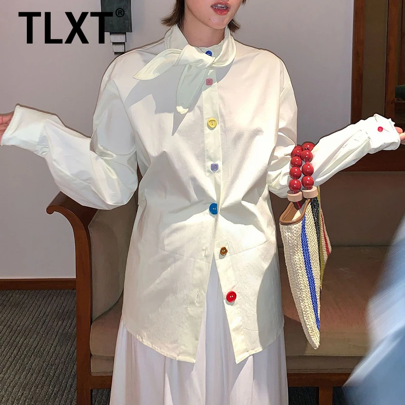 

TLXT Lapel Color Block Buttons Shirt For Women Single Breasted Full Sleeve Fashion New 2025 Chic Style Female Clothing XK181