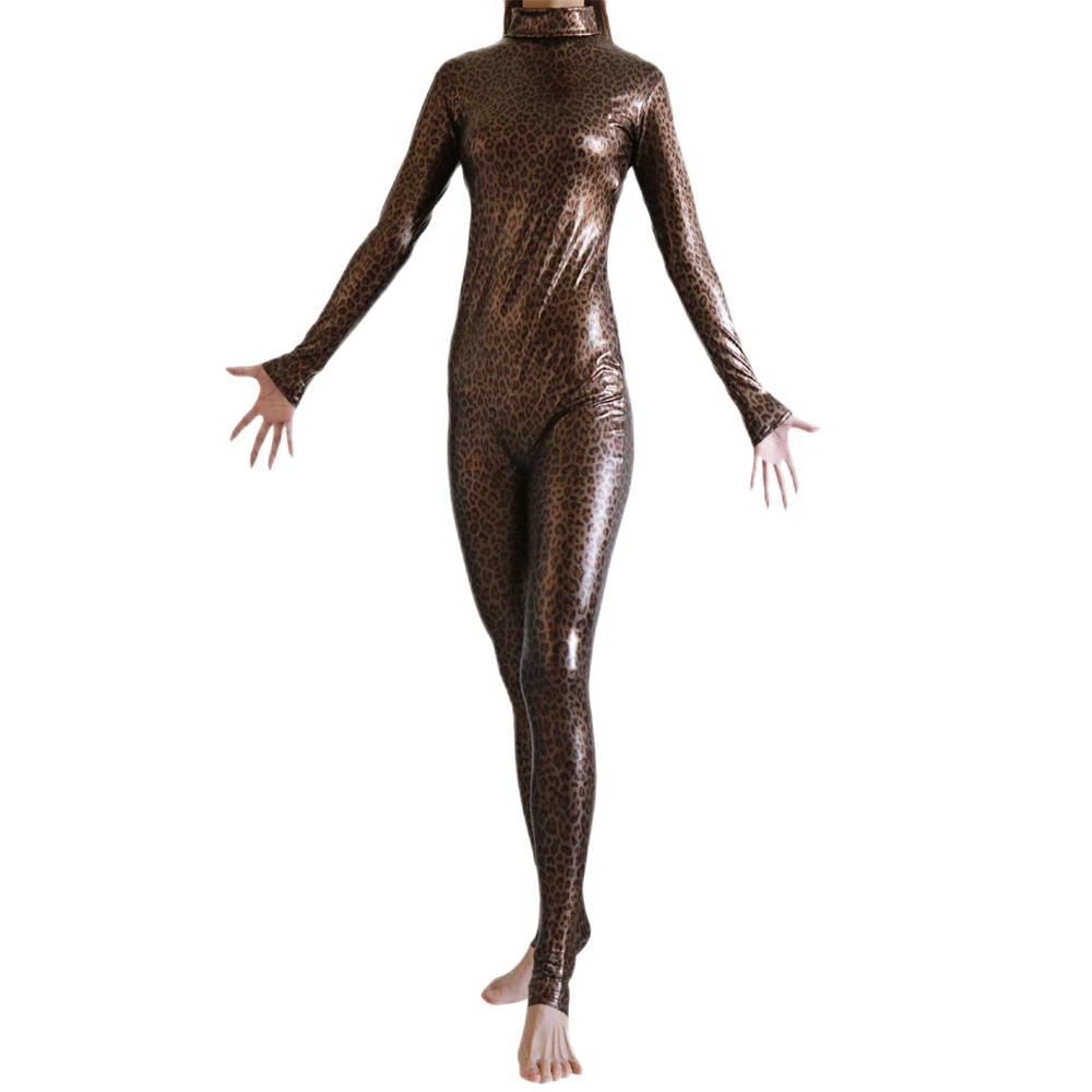 Unisex Faux Leather Leopard Print Jumpsuit, Long Sleeved Jumpsuit, Spandex Wet Look Catsuit, Erotic Bodysuit, Sexy Nightclub