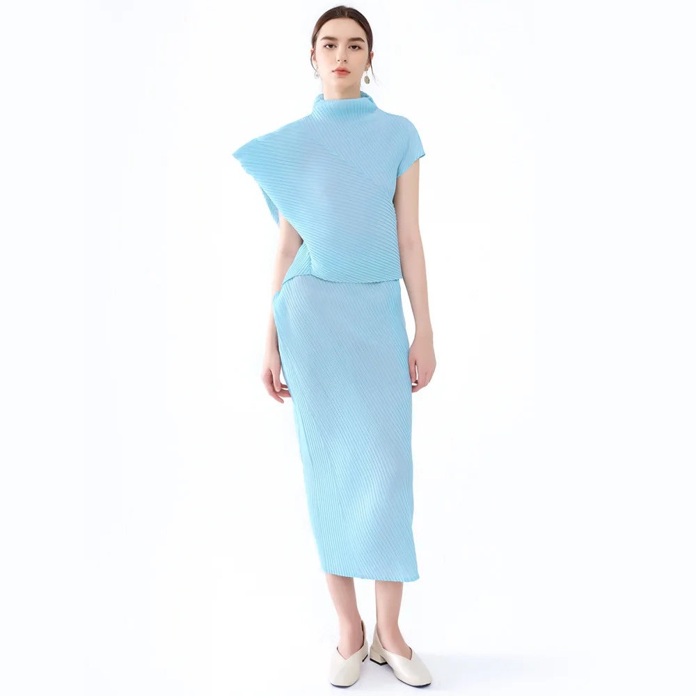 

Miyake Pleated New 2025 Summer Cowl Sleeve Irregular Top Women's Solid Colour Sleeveless Top Slim Half-body Skirt Set Women