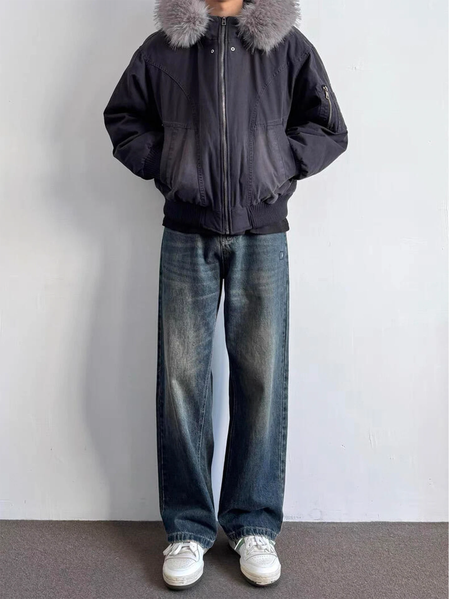 

Мужские джинсы Deep Blue Fce Lined Thiened, американский стиль, зимняя рабочая одежда, свободные прямые брюки, повседневные.