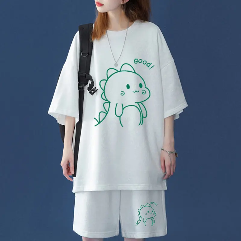 Casual Sporty Chic Wide Leg Pants Two-piece SuitFemme Oversized All-match Printing Cartoon O-neck Short Sleeve T-Shirt Shorts