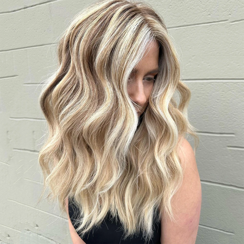 

Luxury Blonde Balayage Highlights Wig Remy Human Hair Full Lace Wig Ash Platinum Blonde Layered Wavy Lace Front Wig HD 13x6 200%