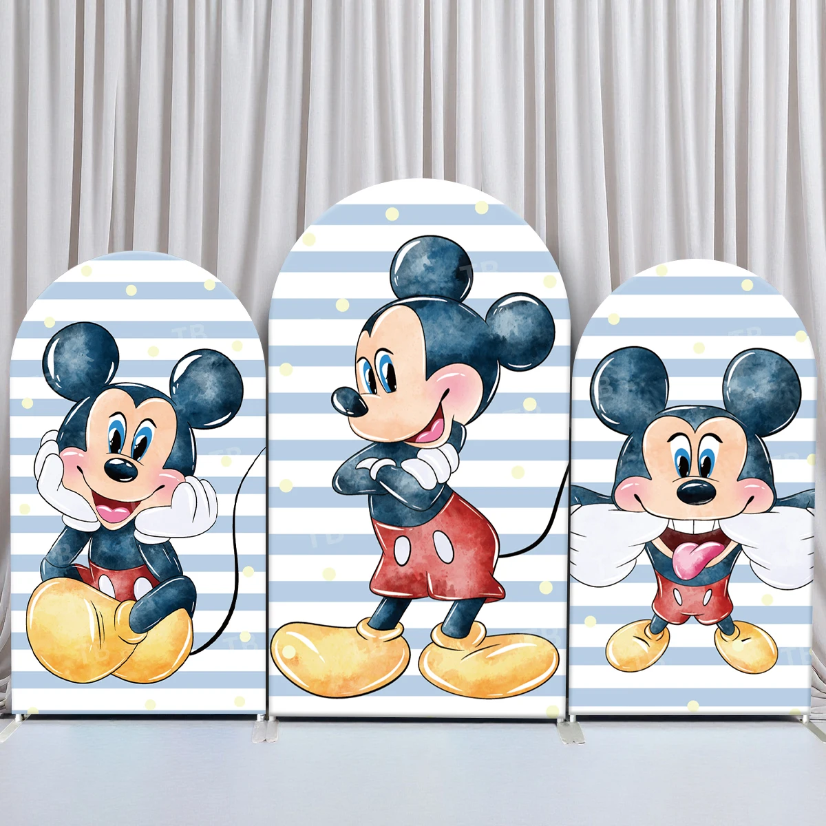 

TB Mickey Mouse Arch Backdrop Cover Blue and White Stripes Baby Shower Kids Birthday Photography Background Party Decor Elastic