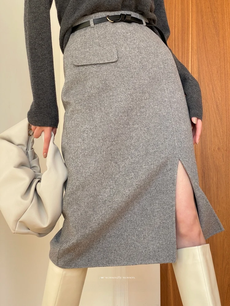 

Ele Light ey ket Design Double Woolen Side Split High Waist Knee-Length Wrap Slimming A-Line Skirt for Women