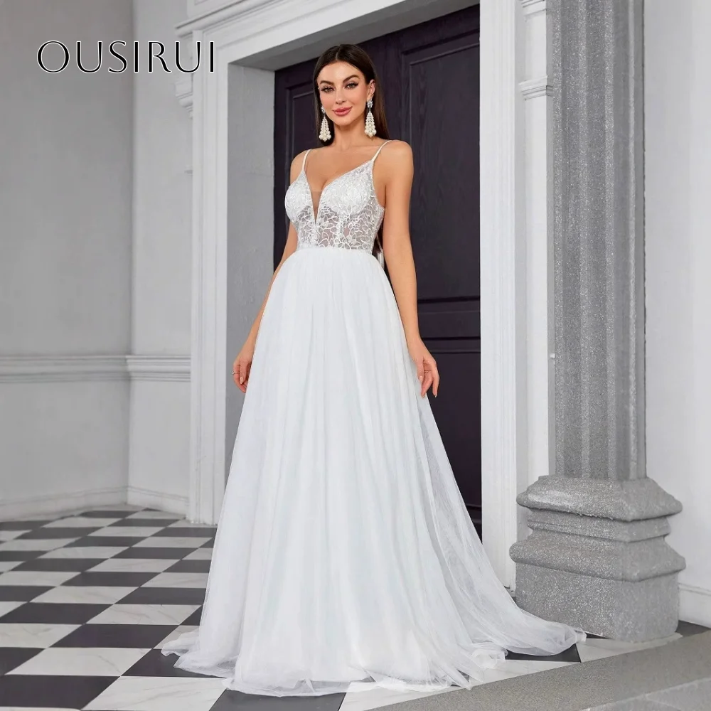 Lace A-line Spaghetti Straps Wedding Party Gown Sleeveless Tulle Sweep Train Customzied vestidos de novia