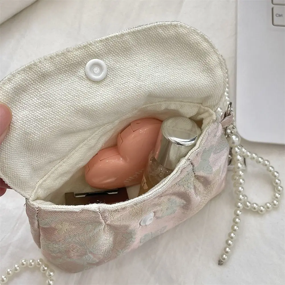 Lovely Embroidery Button Coin Purse Pearl Keyring Lightweight Small Lipstick Bag Sweet Butterfly Chinese Style Storage Bag Daily