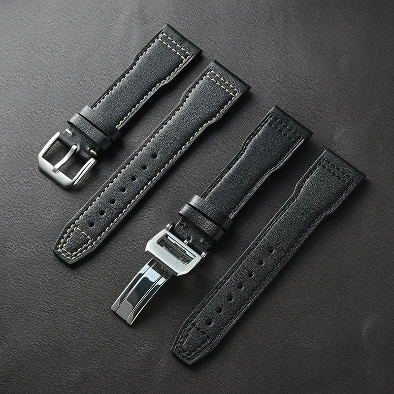 Correa de cuero genuino para IWC Pilot Little Prince Mark hombres mujeres cuero de vaca hebilla plegable reloj pulsera cinturón 20mm 21mm 22mm