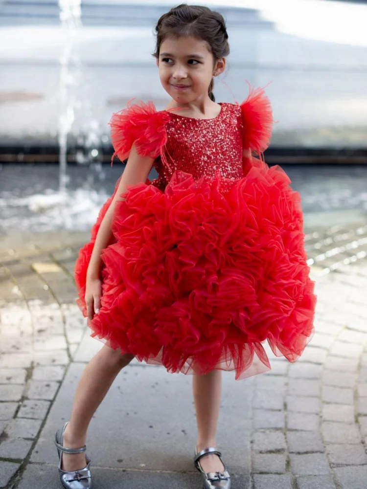 Custom Flower Girl Dress Sequin Bodice Back Bow Voluminous Ruffled Short Tutu Skirt For Stage Performance christmas Birthday