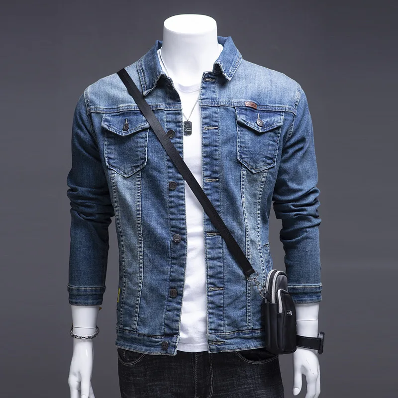Autumn New Denim Jacket Men's Lapel Casual Trend Tooling Jacket Slim Denim