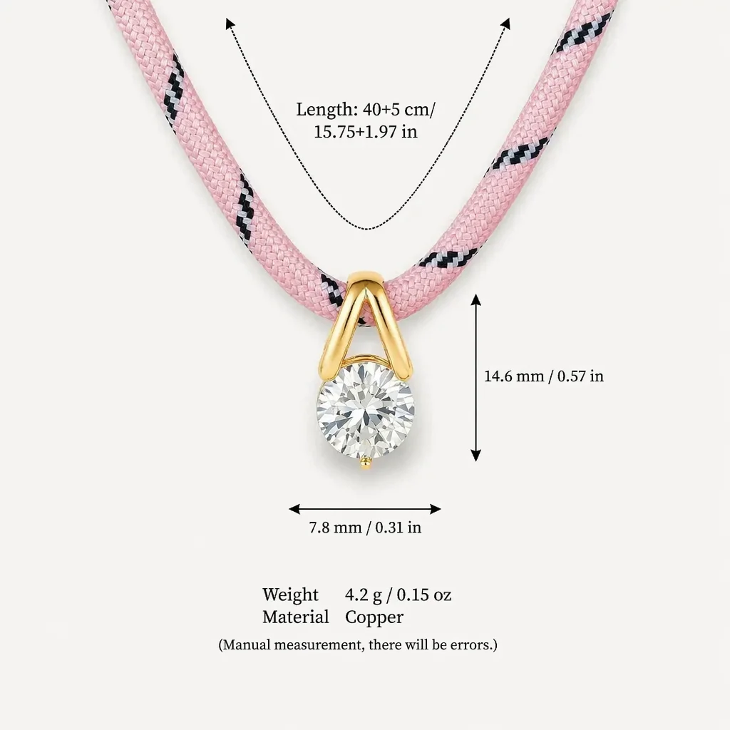 Bunte gestreifte Seilketten-Halskette mit einzelnem runden Zirkon-Anhänger für Damen, lässiger Schmuck, Geschenk – Detail 6