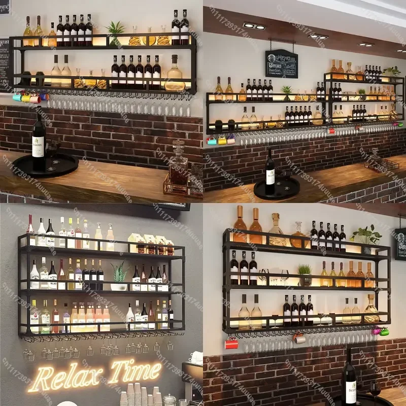 Industrial Iron Wall Mount Bar Shelf with Built-in Wine Glass Holder and Ambient Lighting Decorative Storage Rack for Home