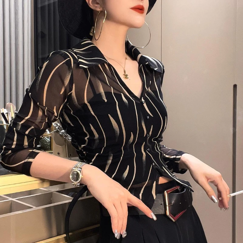 Female Crop Tops Striped Transparent Black Summer Full Long Sleeve Sexy Button Up Women\'s Shirt and Blouse See-through Chic M Xl