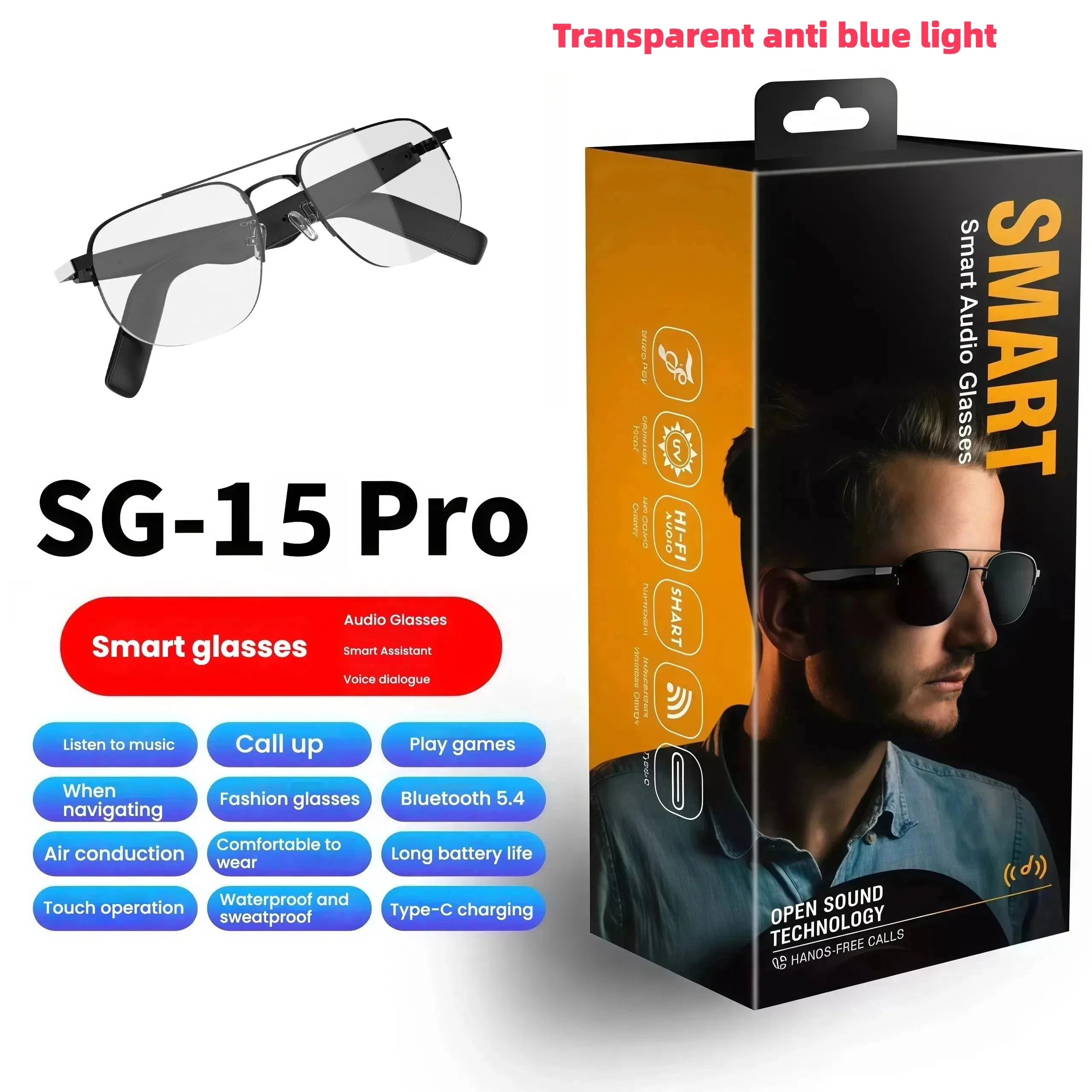 

Умные солнцезащитные очки SG15 Bluetooth с громкой связью и воспроизведением музыки, аккумулятор 80 + 80 мАч, классическая оправа, защита от ультрафиолета