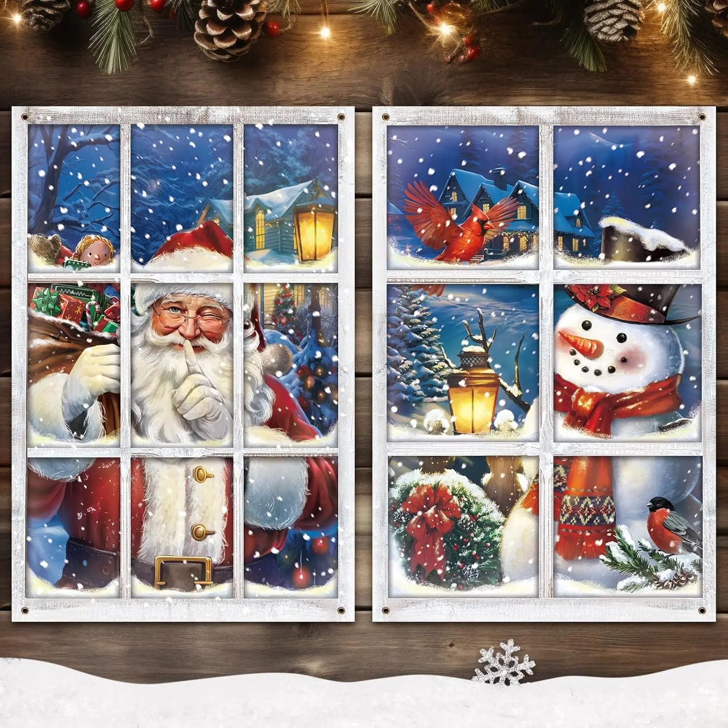 2 Stück Weihnachts-Weihnachtsmann und Schneemann, Fensterdekoration, Weihnachts-Fenster-Silhouette, Schneeflocken-Vorhang, Weihnachtsposter für den Innenbereich