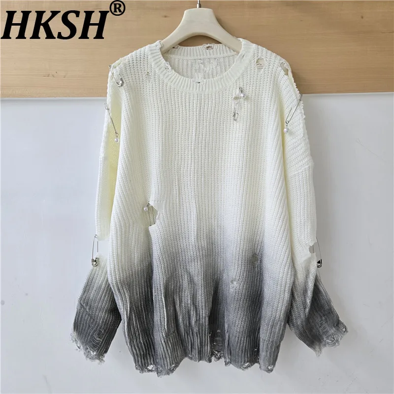 HKSH Women Sweater Korean Style Casual Ripped Design Gradient Distressed Needle Niche Loose Vintage Trendy Knit Pullover HK26931