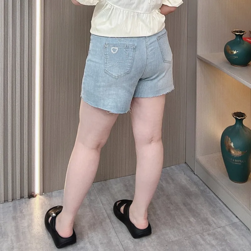 Short en denim perlé pour femme, jean grande taille, taille haute fine, pantalon décontracté à jambes larges, tendance, été, nouveau