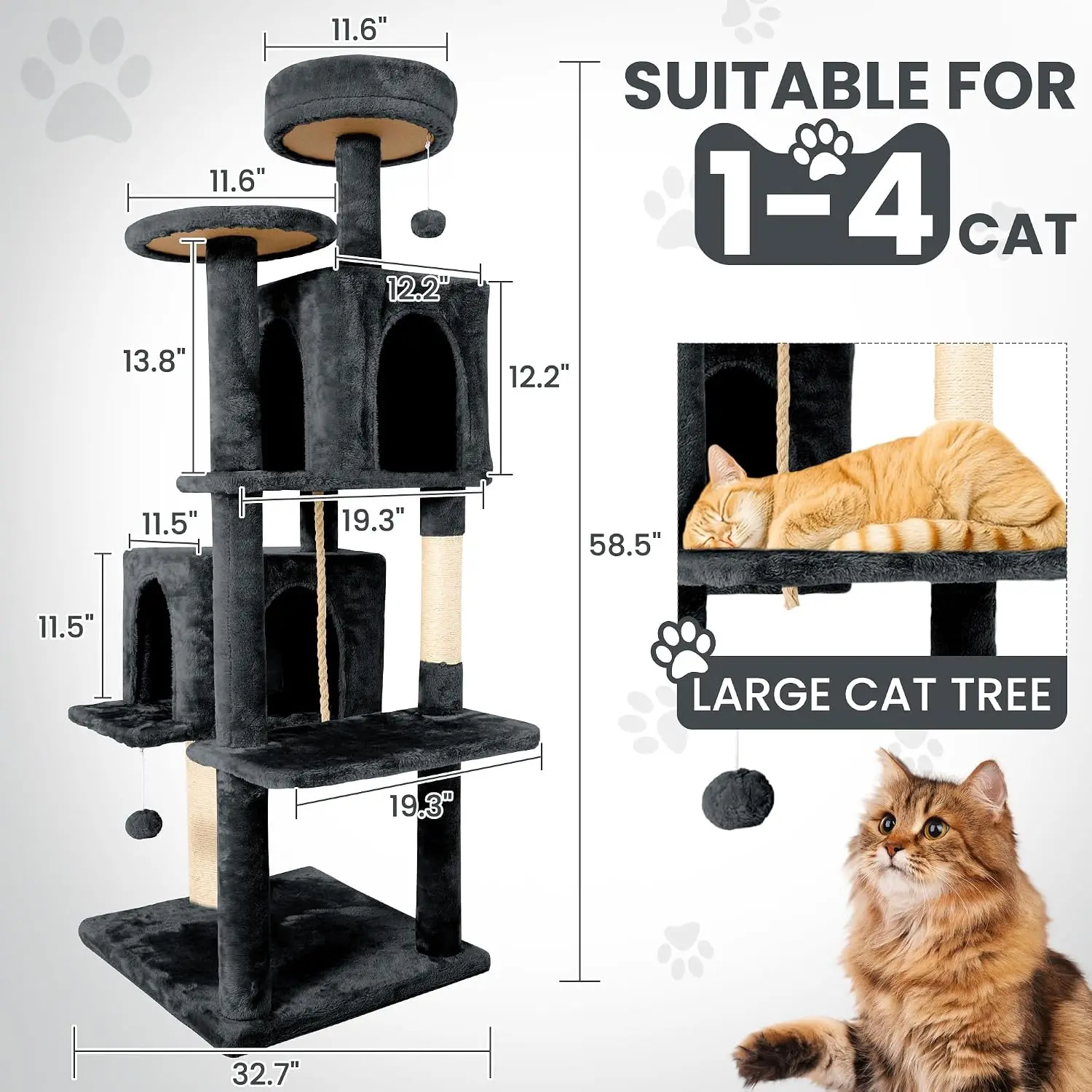 58.5inch Large Cat Tree Tower Condo for Indoor Cats, Soft Plush Multi-Level Climbing Tree Cat House with Cat Cave, Scratching Post, More Entrance/Exit, Sisal Rope, Deep Grey