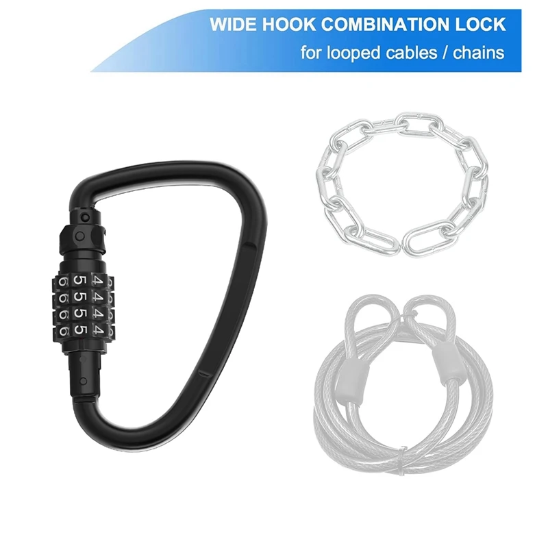 1 PCS Combination Locks, 4-Digit Heavy Duty Carabiner Clips Black Metal For Looped Bike Security Cable Lock