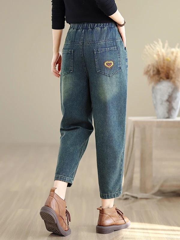 Pantaloni di jeans ricamati patchwork retrò Pantaloni lunghi Harlan di nove pezzi in vita elastica casual allentata da donna Nuovo arrivo autunnale