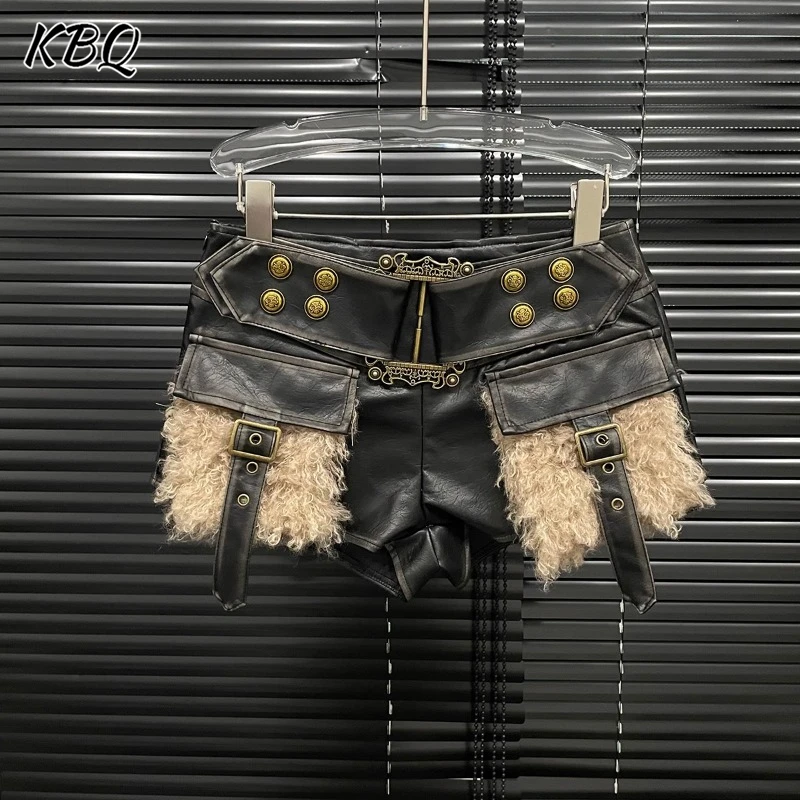 KBQ Chic Spliced Plush Fur Loose Shorts For Women Design Sense Patchwork Metal Personality Leather Short Pants Female Fashion